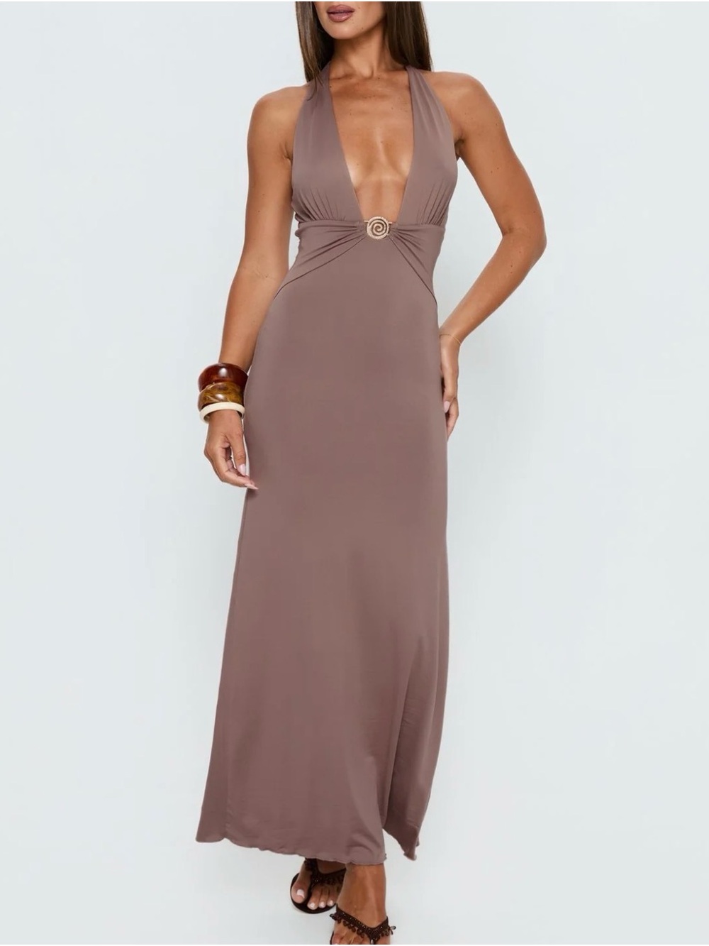 Sleeveless Taupe Halter Maxi Dress with Twist Detail